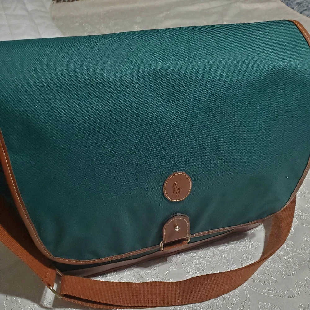 VINTAGE RALPH LAUREN GREEN CANVAS TRAVEL CROSS BODY SHOULDER COMPUTER BAG